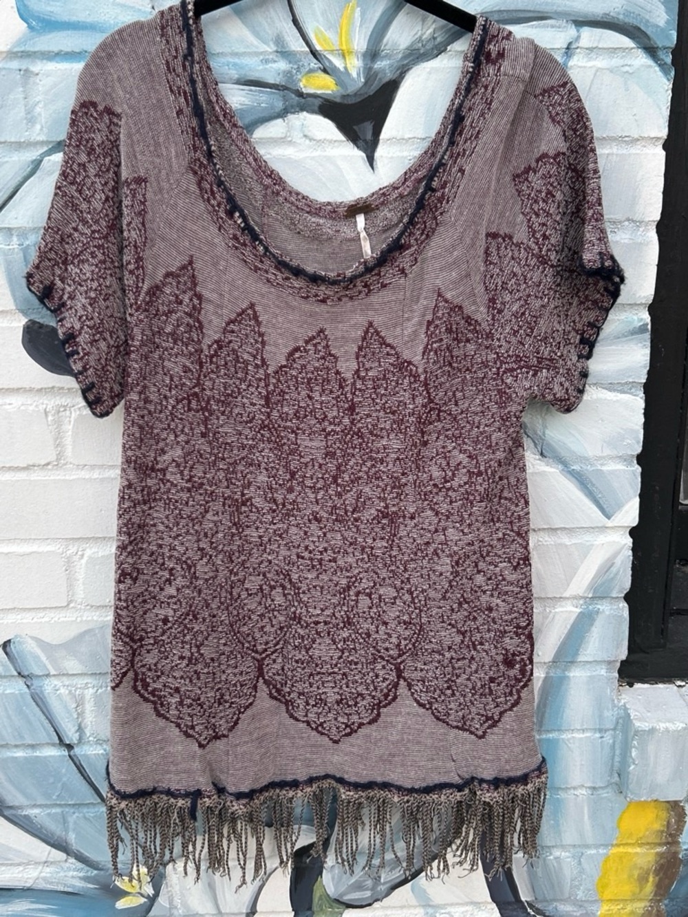 Free People Plum Patterned Short Sleeve Fringe Hem Tee